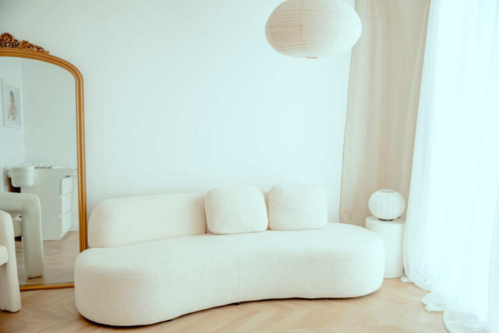 The Mlle L studio, white sofa and soft light